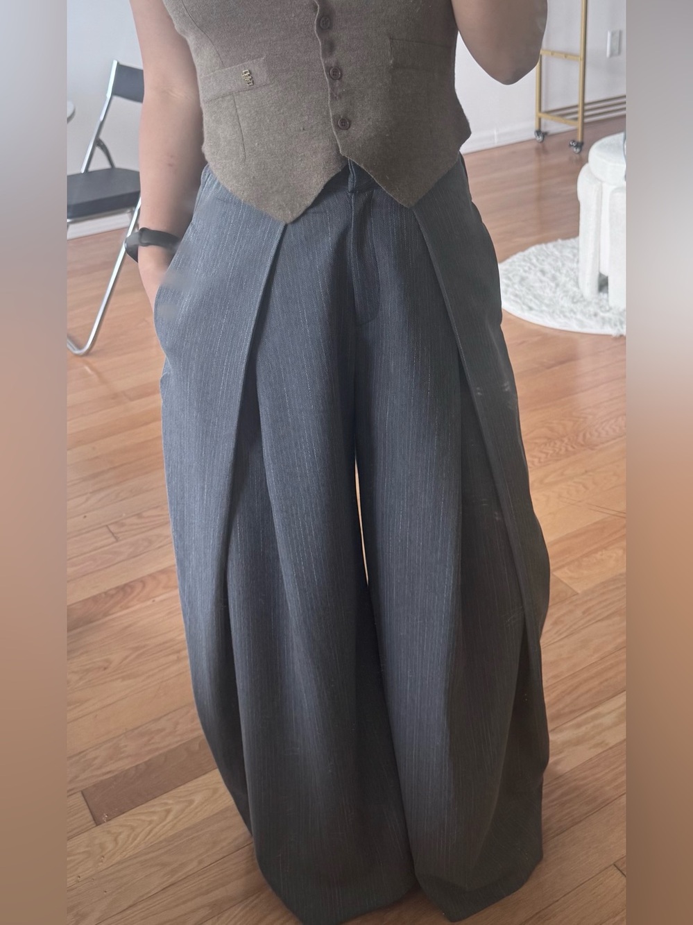 High rise Wide leg detail pinstripe grey trousers